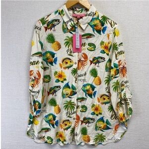 Tropical Print Button-Up Shirt - Cream with Green & Yellow Motif